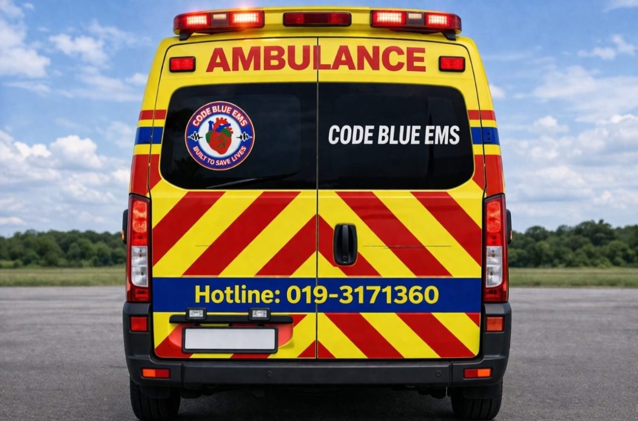 Code Blue EMS ambulance — rear view with battenburg markings