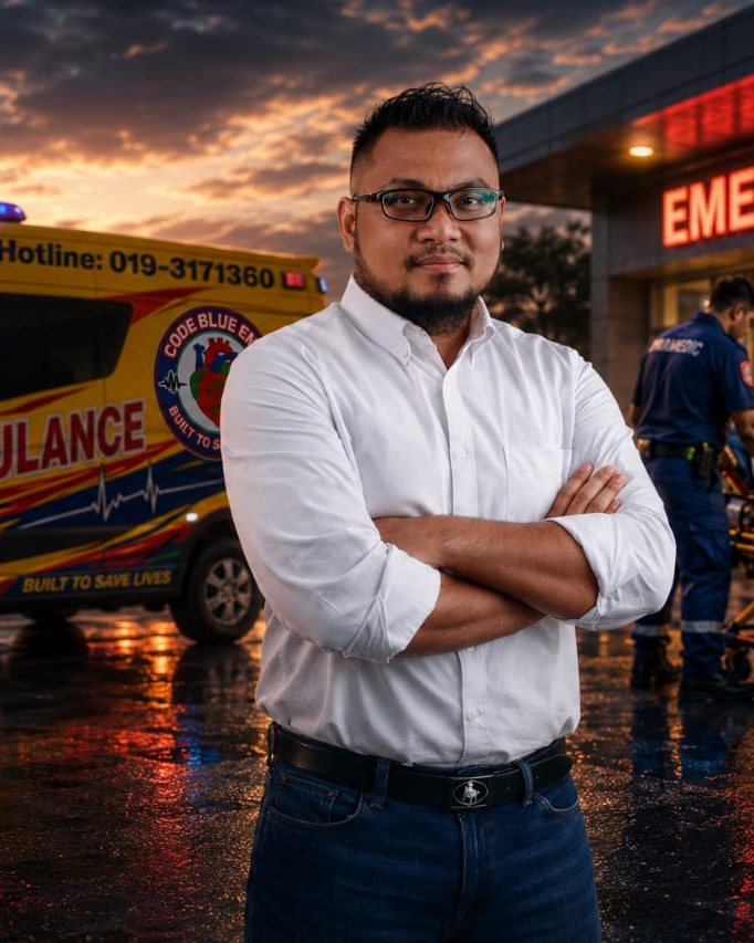 Sir Fayzal, founder and lead trainer of Code Blue EMS, in front of a Code Blue ambulance
