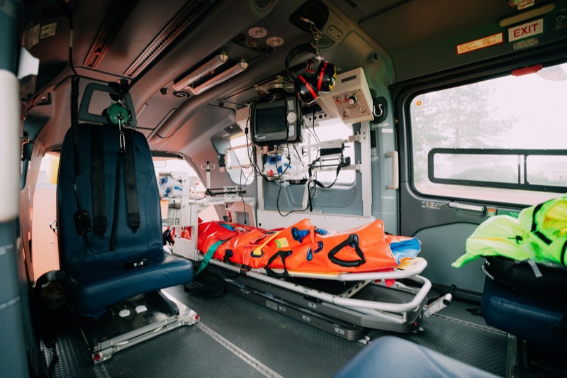 Interior of an ambulance with stretcher and emergency equipment